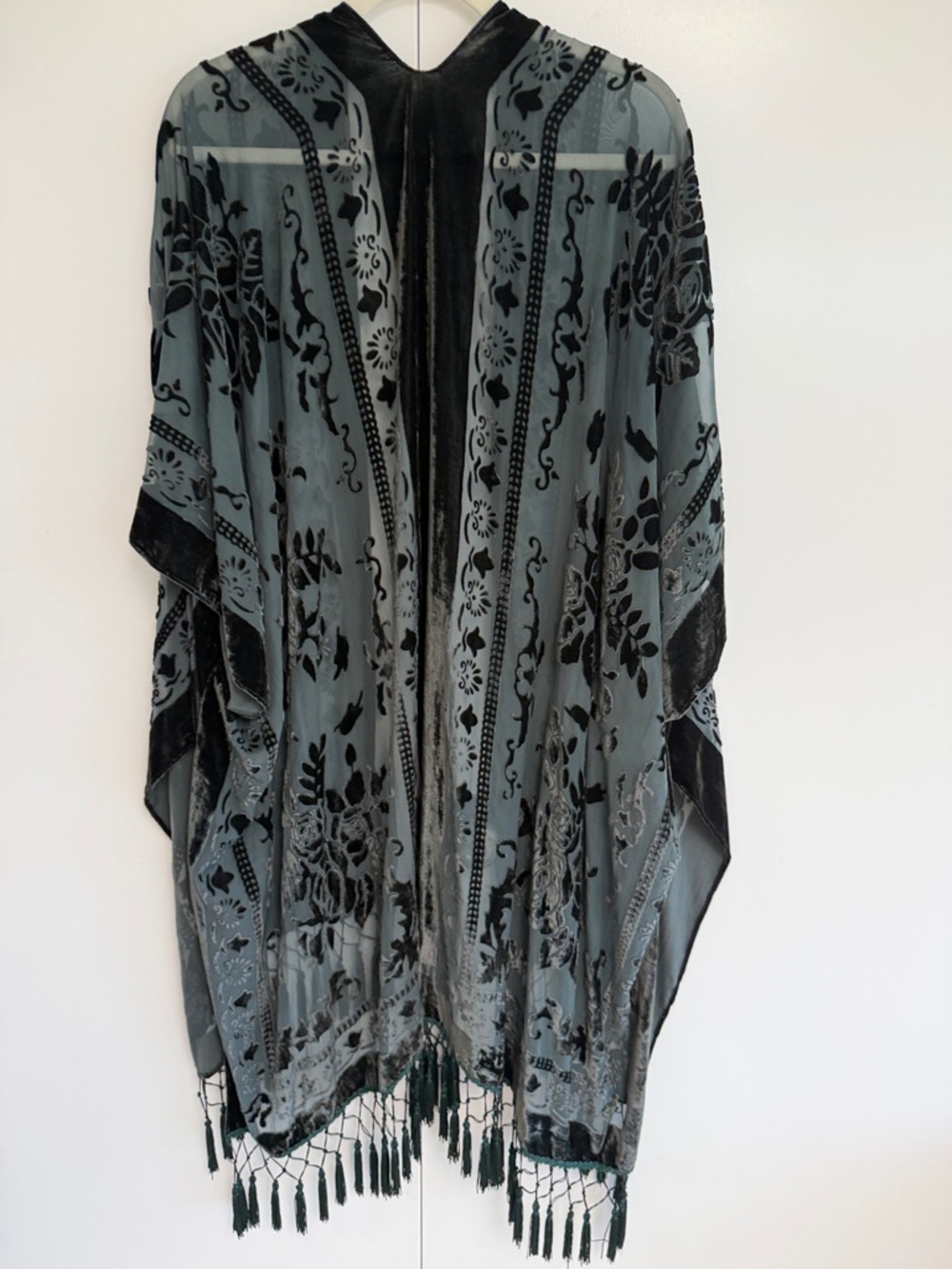 Sheer Floral Burnout Fringe Kimono - Dark Teal on SheerTeal - Picture 2 of 5